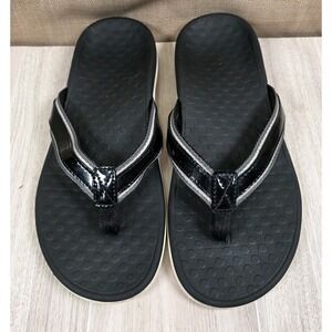 Vionic Sandals Women Size 9.5 Tide II Black‎ White Patent Thong Flip Flops *Read